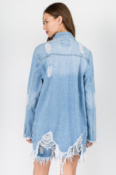 American Bazi Distressed Frayed Hem Denim Jacket - Vintage Style Cotton Outerwear